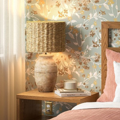 Didelė 24x13 keraminė stalinė lempa su pintu gaubtu, smėlio spalvos