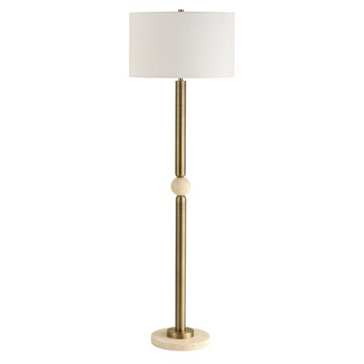 Aukso spalvos šviestuvas su akmens detale ir baltu bugniniu gaubtu